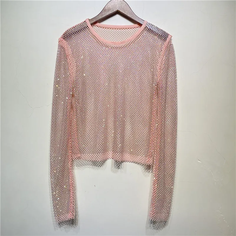 

Shiny Diamonds Beaded Hollow Out Basic Mesh Shirt Tops Long-sleeved Net Shirt Blouse Electric Syllable Wear Bright Sparkling Top