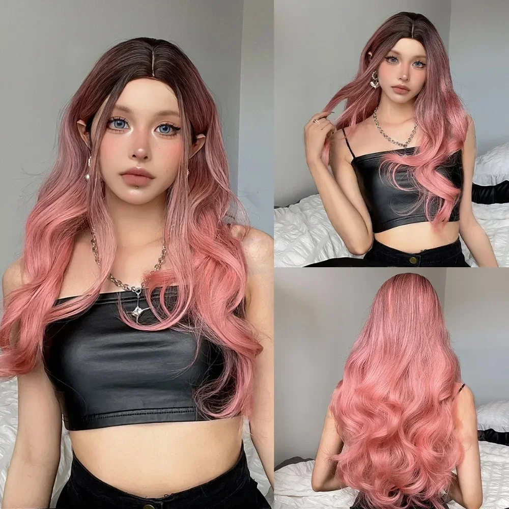 

Wigs Pink center parting top gradient big waves long curly hair Natural Hair with Long Bangs Cosplay Party Wigs Heat Resistant