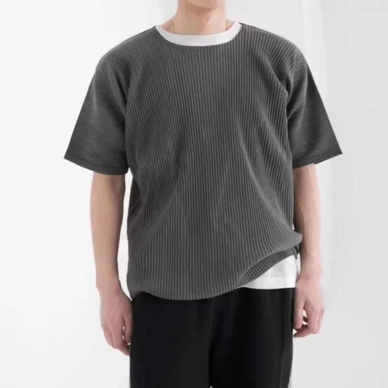 

Miyake Pleats Мужская одежда в стиле наследия, летняя футболка большого размера в японском стиле, повседневная футболка с круглым вырезом, свободный крой, топ с короткими рукавами