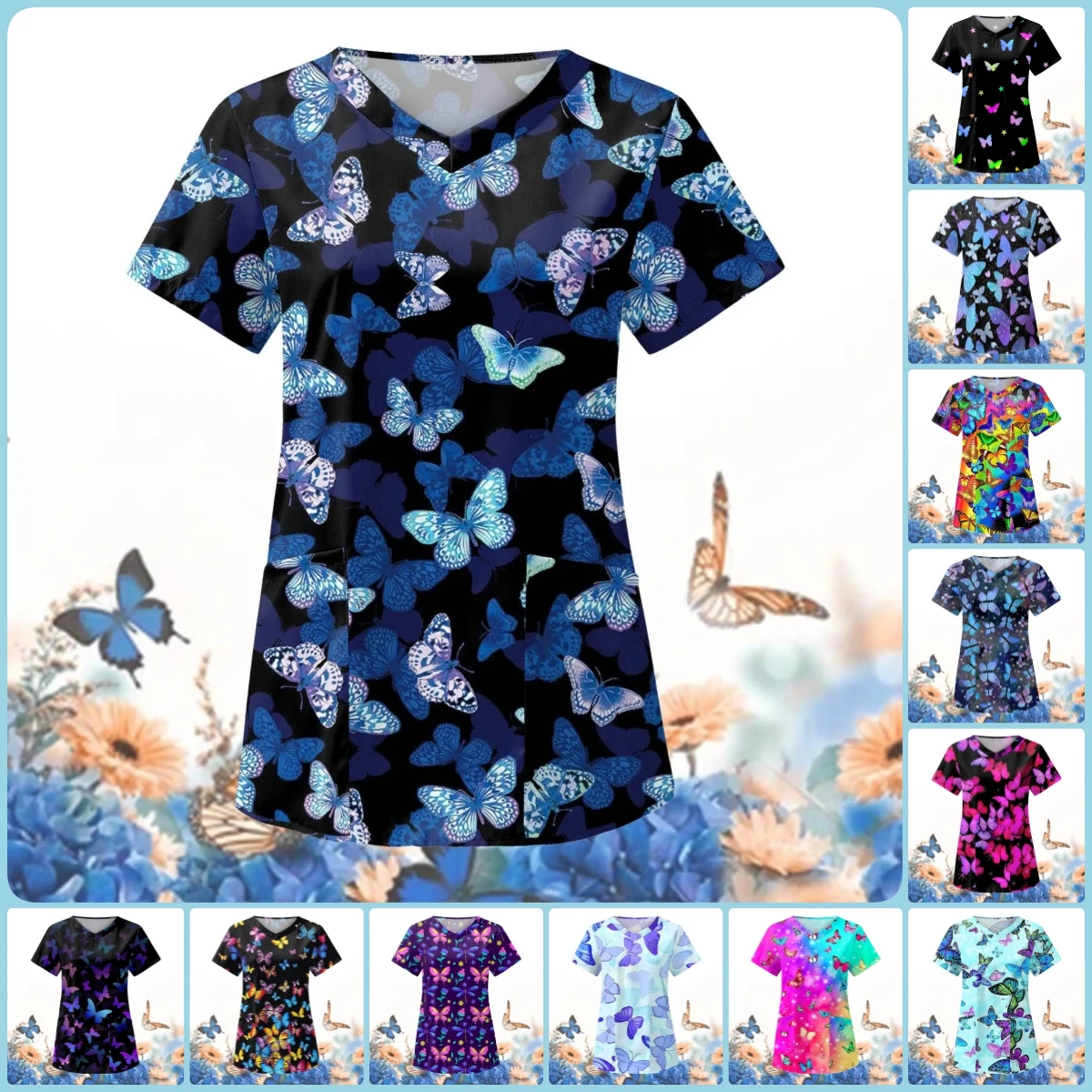 Scrubs Uniform Woman Elegant Butterfly Print Obstetrics Nurse Tops Fashions V-Neck Short Sleeve Tees Medical Uniform for Women