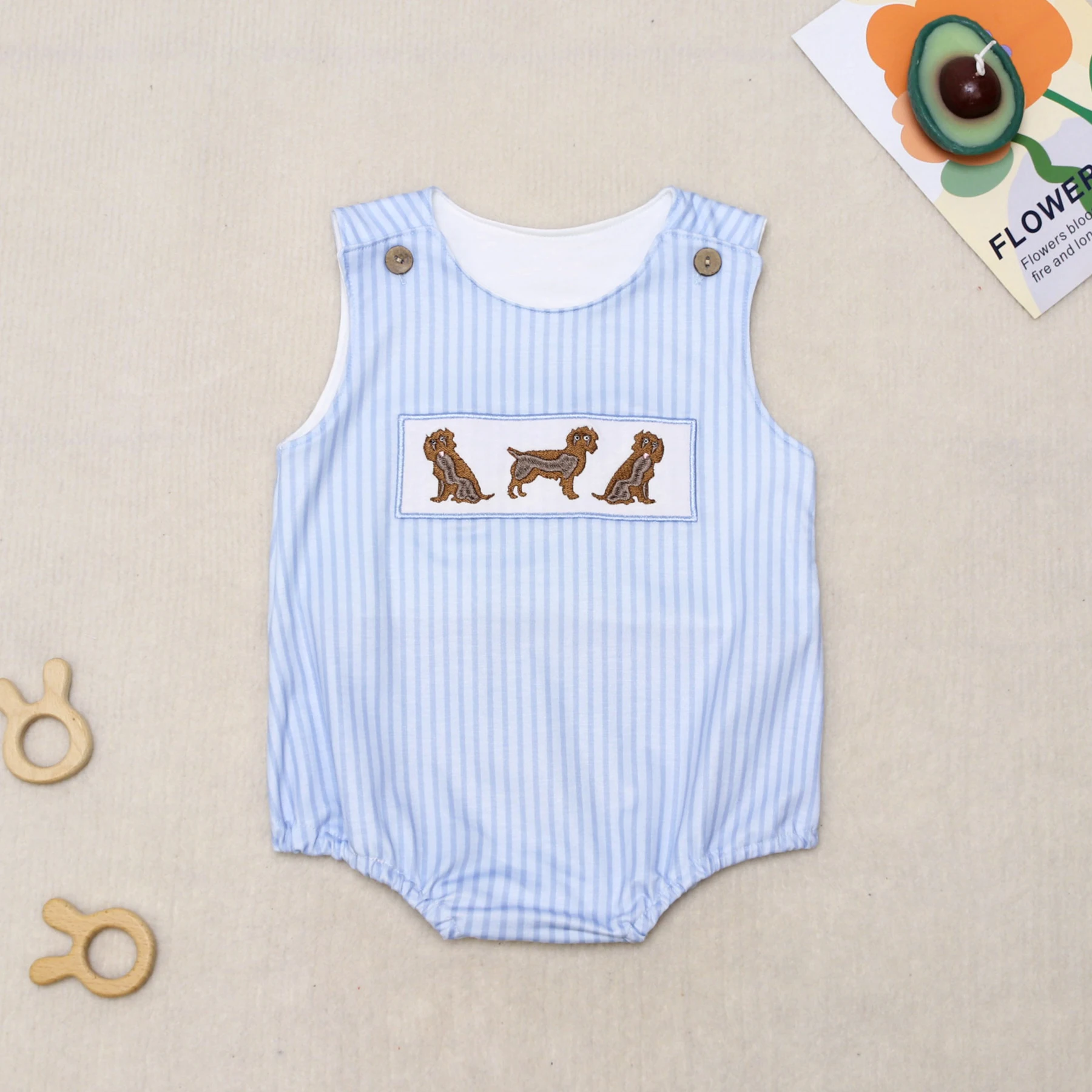 Boutique Baby Kids Girl Pink Short Sleeved Boy Blue T-shirt Set Round Neck Puppy Embroidery Top Clothes And Latice Short Suit