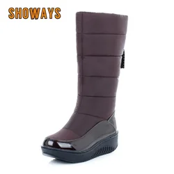 Winter Women Wedge Platform Mid Calf Snow Boots Warm Plush Down Brown Round Toe Thick Heels Waterproof Patent Leather Lady Shoes