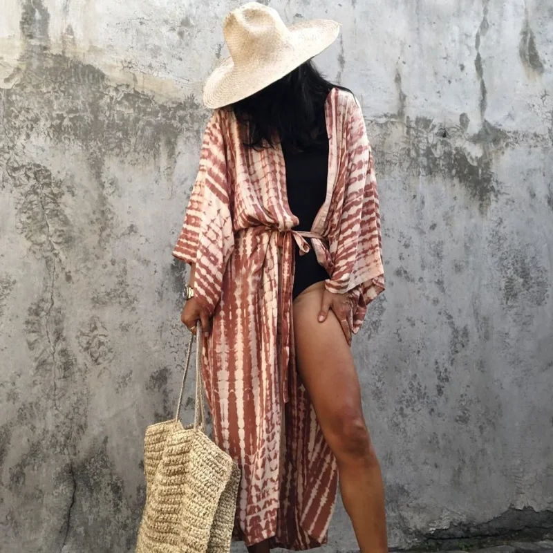 Long Kimono Swimsuit Cover up for Women Stylish Tie Dye Open Front Beach Outfits Bathing Suit