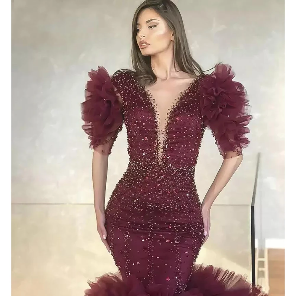 New Luxurious Burgundy Sequins Mermaid Evening Dress Beaded Ruffles Custom Made V Neck Half Sleeves Gown Vestido de novia