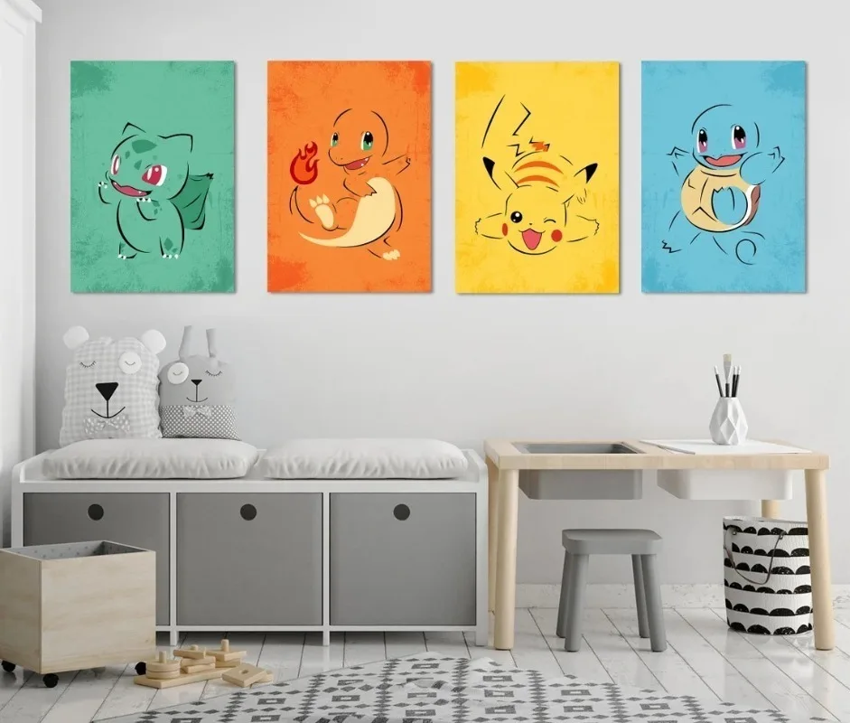 Frameless Cartoon Anime Poster Pokemon Pokémon Pikachu Watercolor Art Kids Room Decoration Wall Hanging Painting Kids Gift