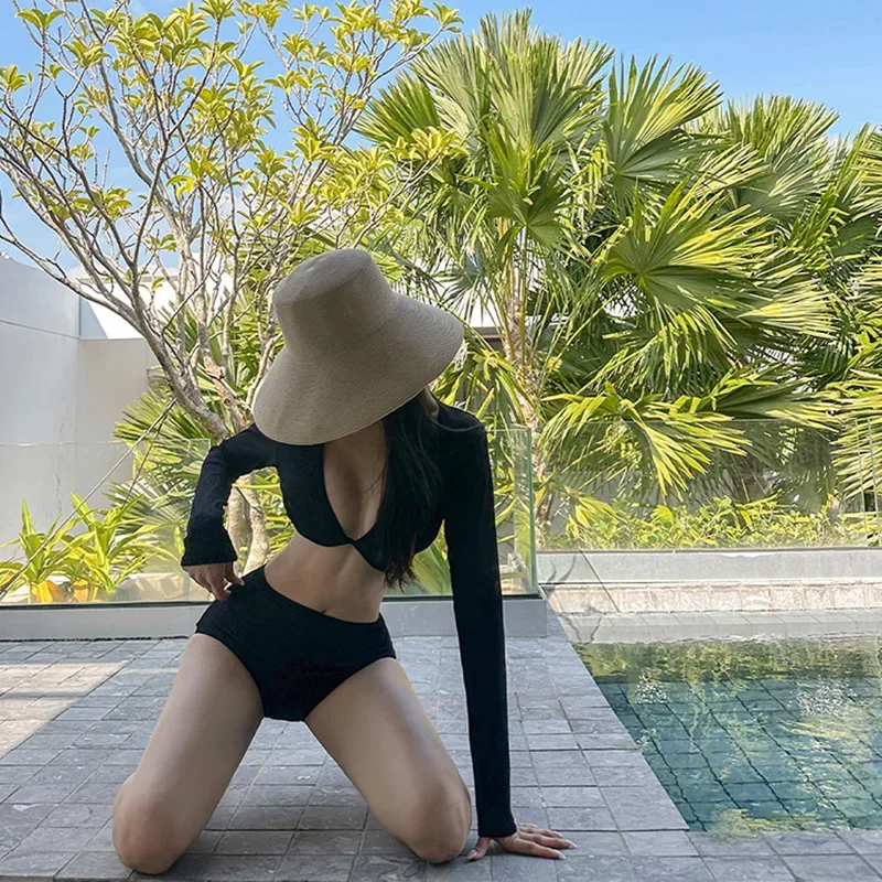 2025 New Women's One-Piece Long Sleeve Bikini Sensation High-End Black Slimming Tummy Covering Small Chest with Chest Pad Hot Sp