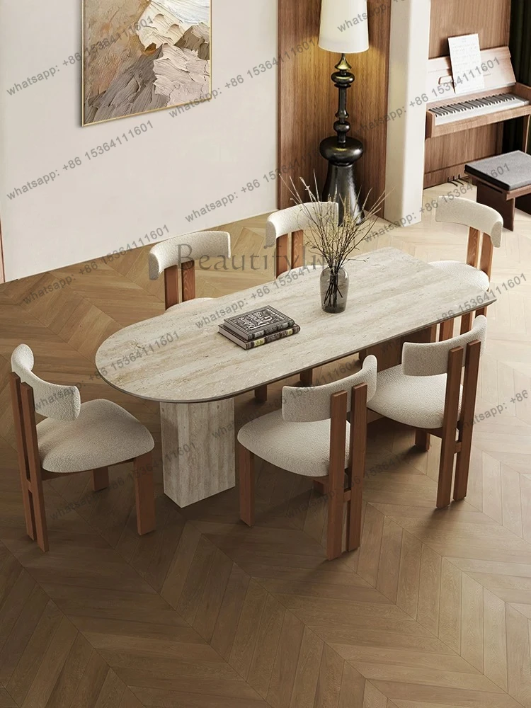 

Travertine slate solid wood dining table and chairs 2026 new retro Italian dining table