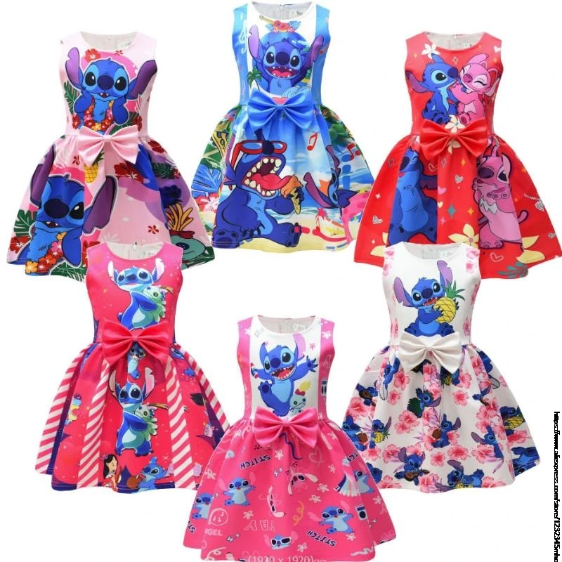 Summer Lilo And Stitch Junior Girl Princess Teenager Girl Bow bambini Girl Flying Sleeve Prom Dress Party Clothes