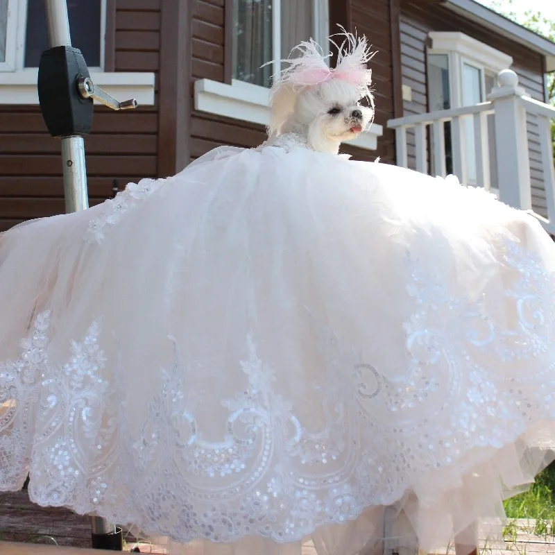 

Fine Sequin Embroidery Pet Dog Clothes Luxury Handmade White Lace Long Tail Princess Dresses For Small Medium Dog Puppy Skirts