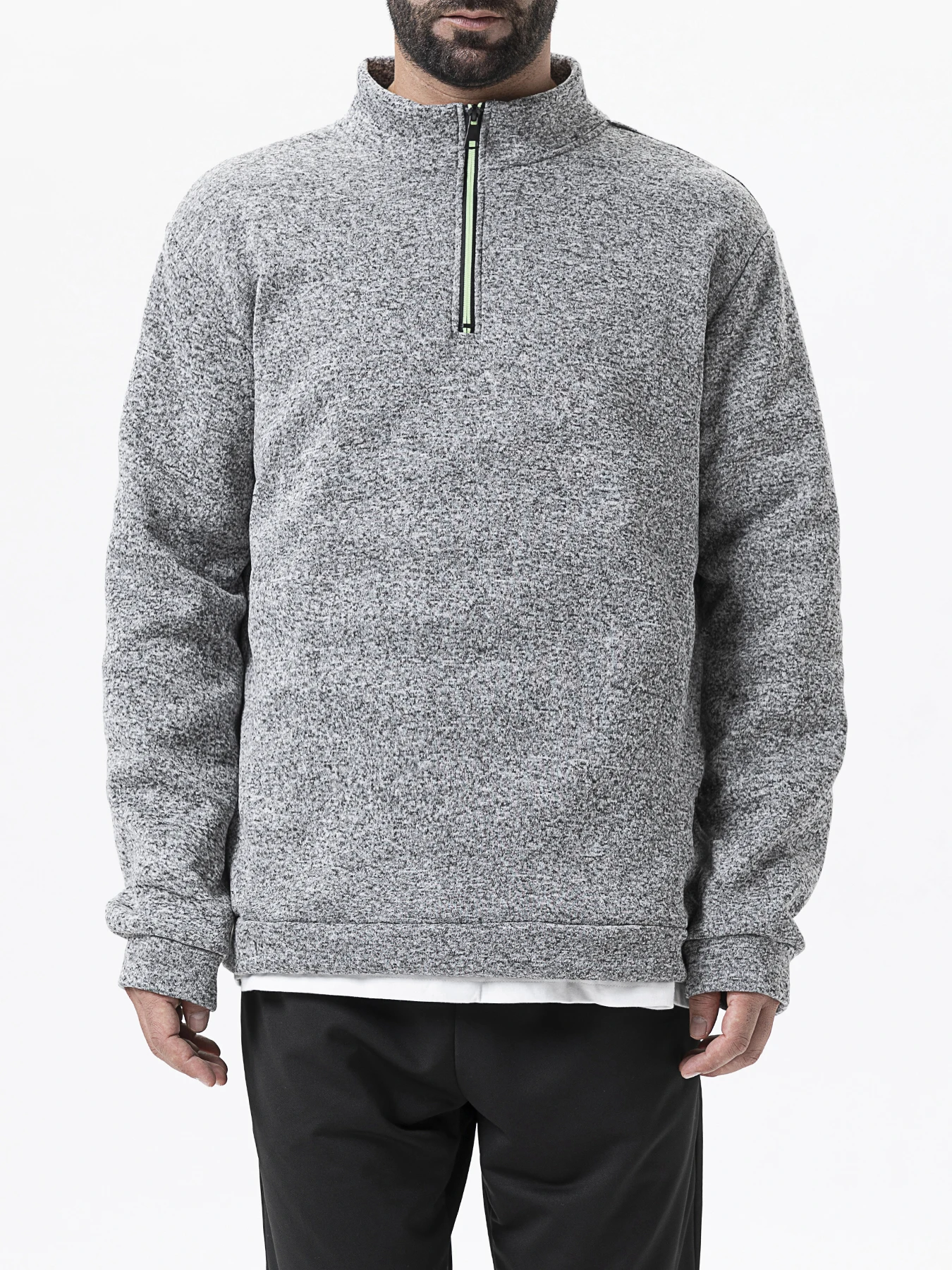 Men Quarter Zip Fleece Pullover Knit Warm Sweatshirt Autumn Winter Solid Color Outdoor Casual Jumper Stand Collar