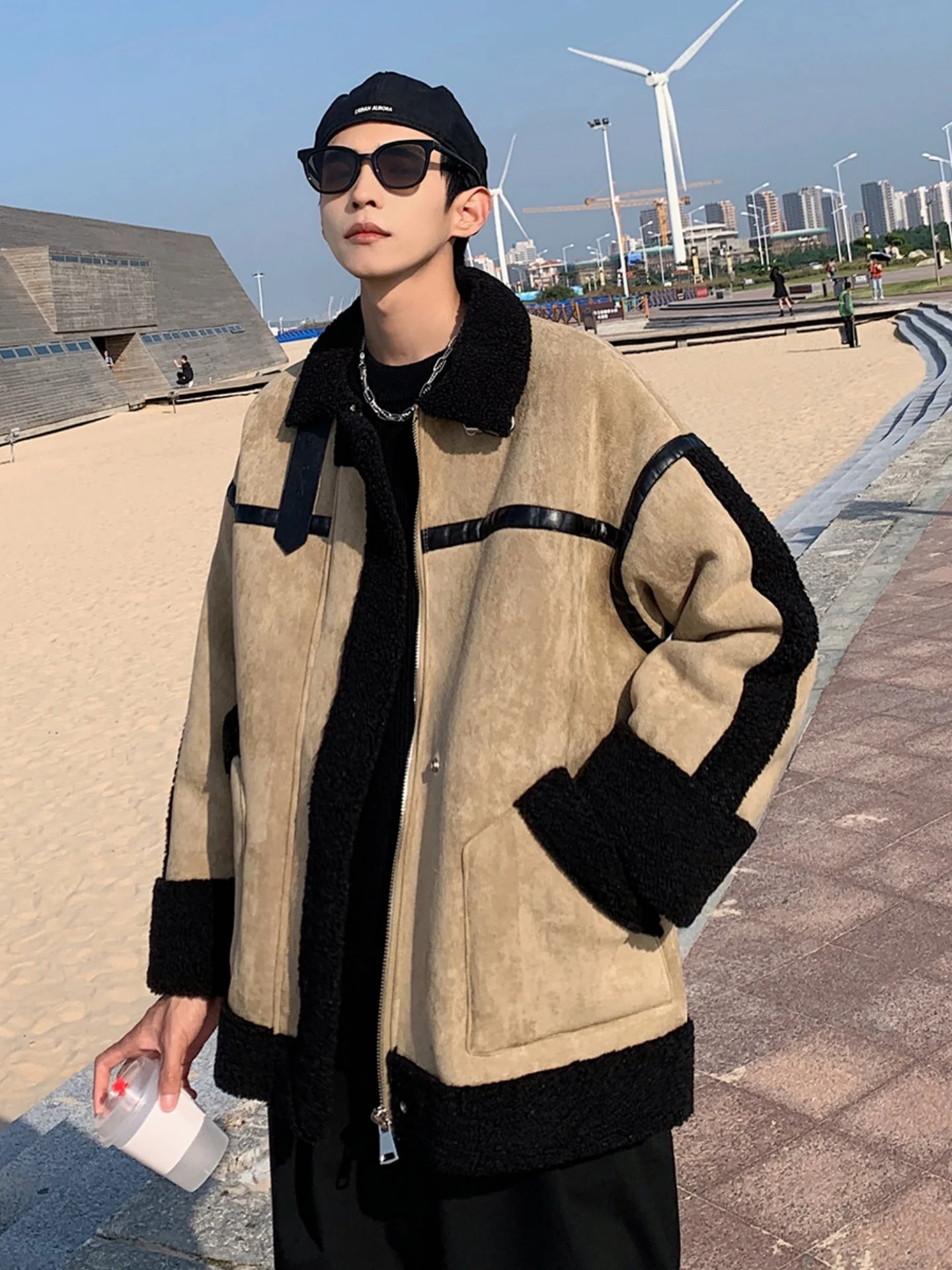 

Men's Suede Cotton Jacket Winter Thickened Lamb Fur Lined Integrated Leather And Fur Jacket Warm Casual Zipper Closure Coat