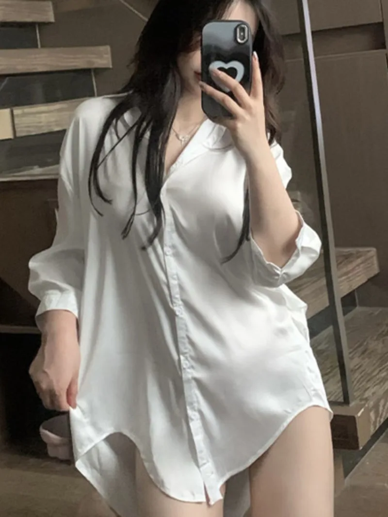 Exotic Summer Fashion tops Womens Wear Simple Fresh Sexy Style T-shirt Collar Loose long sleeve collared Shirt white blouse 23PS
