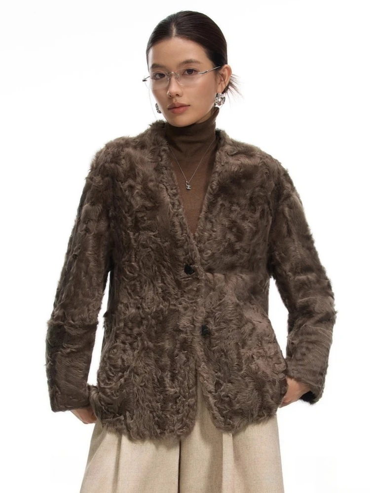 Vestes de luxe en peau d'agneau naturelle pour femmes, haut de gamme, nouveau manteau classique Simple, col en v, en cuir véritable, en peluche, 2025