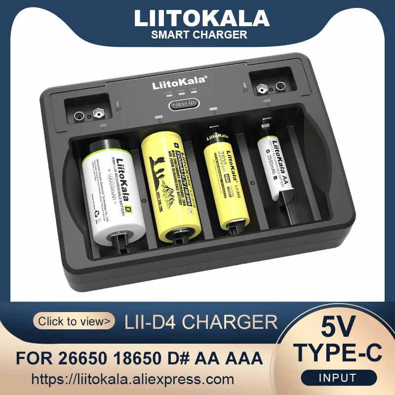 

Умное зарядное устройство LiitoKala Lii-D4 9V 26650 18650 21700 18500 26700 16340 AA AAA C SC D 22650 V 3,7 V