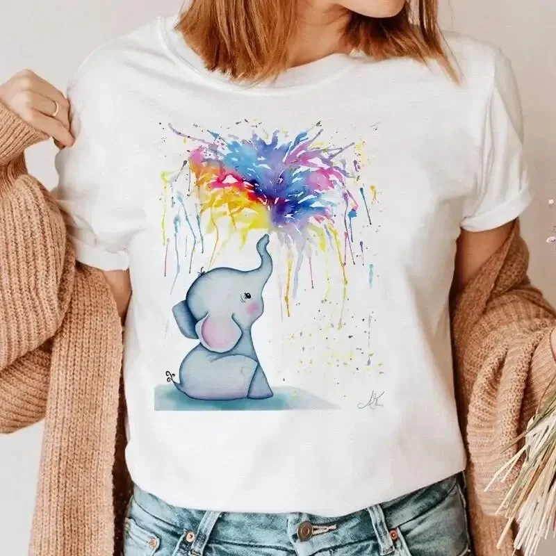 

Cartoon Elephant Print Summer Fashion Women's Loose White Round Neck Casual Short-sleeved T-shirt Top