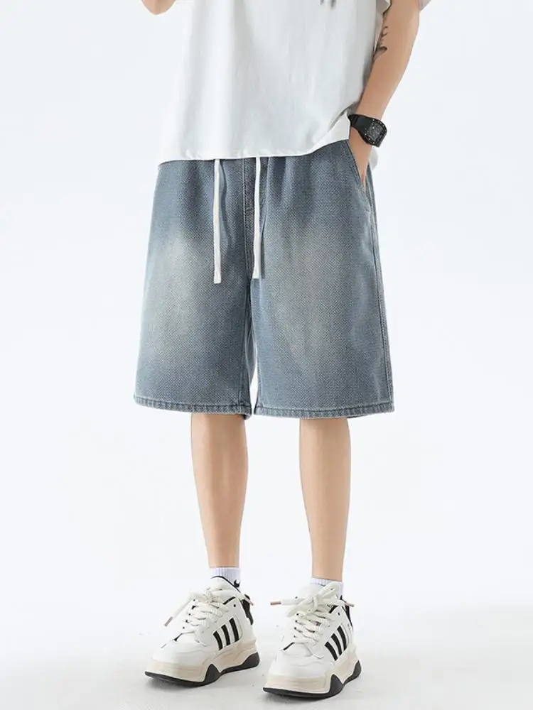

Summer Thin Casual Men's Denim orts Loose Straight Five-Quarter American Retro Leisure Pants Wear Resistant Dstring Waist