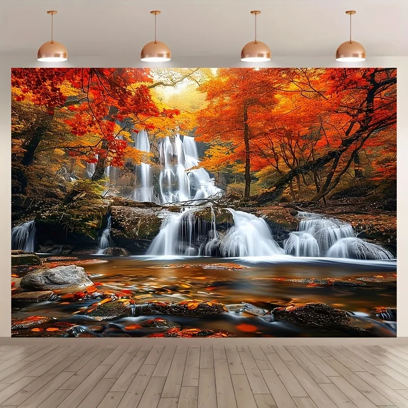 Plan de suelo 2D, 1 cascada, pintura de paisaje de bosque natural, pintura de arte de paisaje moderno, fondo de pared de película