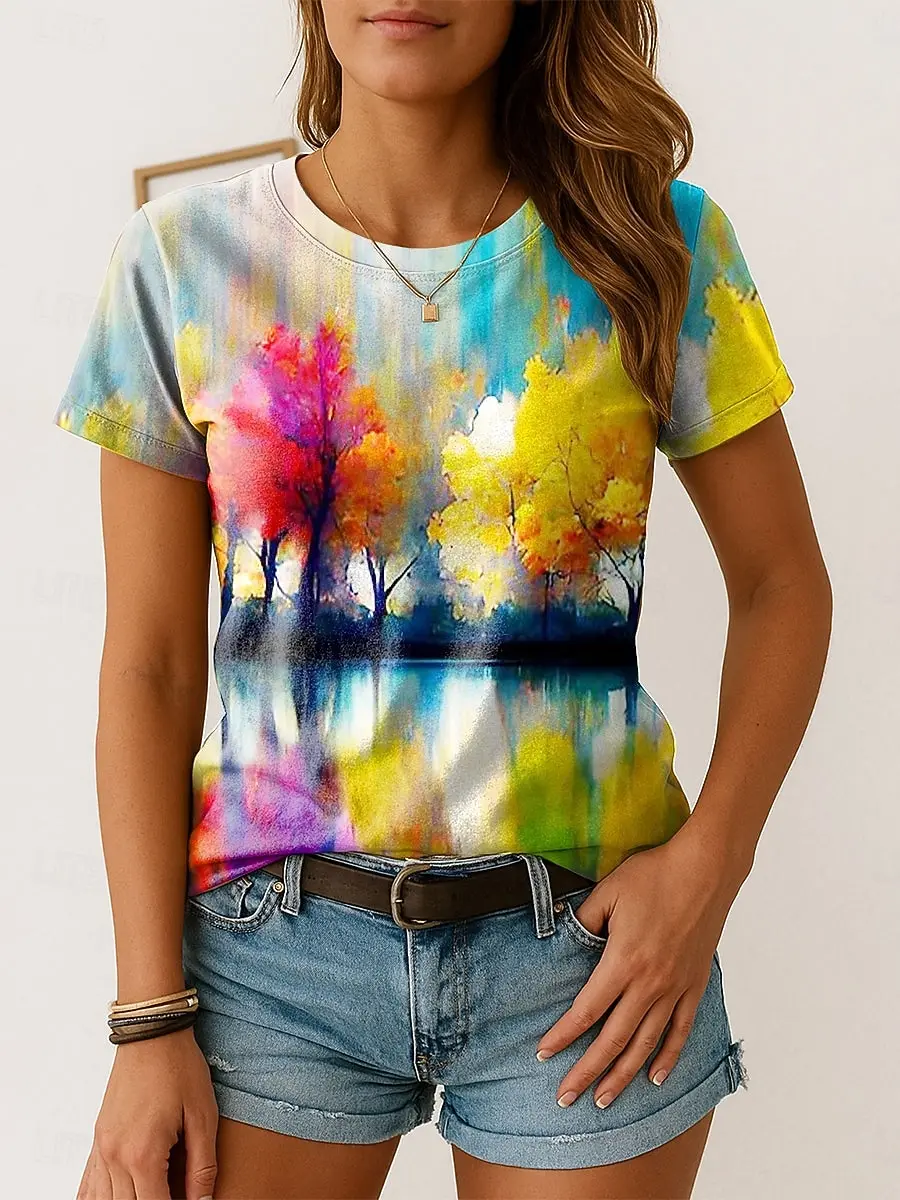 Watercolor Autumn Forest Print Casual T Shirt Crew Neck Short Sleeve Tee For Women Summer Holiday Travel And Daily Outfits