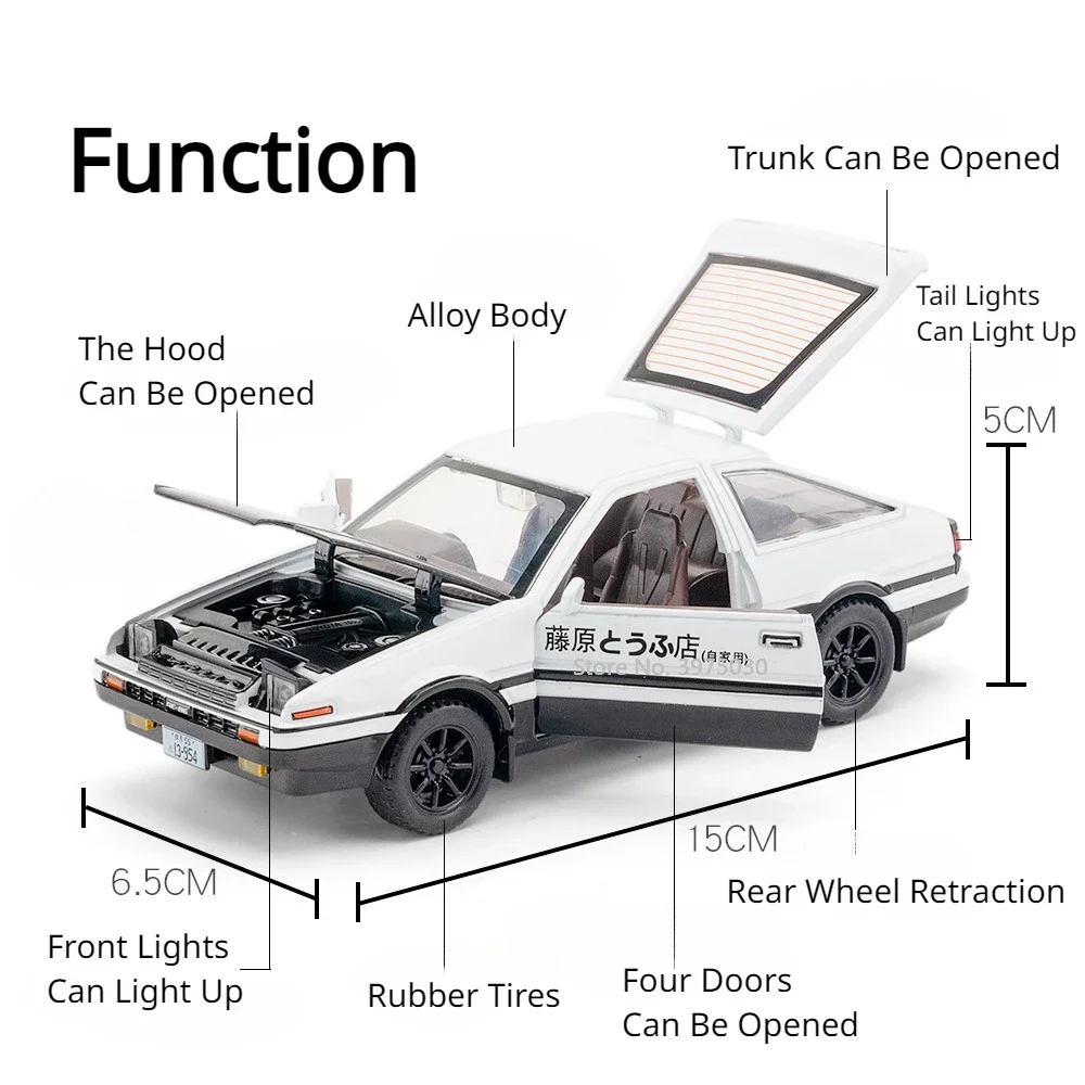 1:30 Toyota AE86 Sports Car Alloy Miniature Model Toy Vehicles Diecast Metal Cars Doors Opened Pull Back Sound Light Kids Gifts