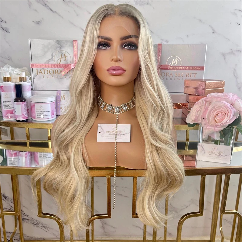 New Sale Synthetic Futura Lace Wig Golden Honey Blonde Lace Frontal Wigs for Woman Loose Wave Ash Roots Glueless Wig Ladies