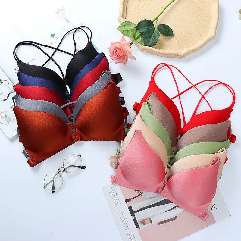 New Fashion Solid color Girls Bra Fashion Women Underwear Front Buckle Underwear Seamless Cross Back Women Push Up Bras