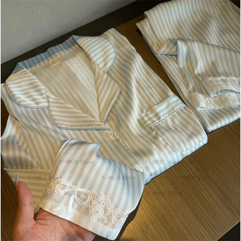

Blue Striped Lace Bow Trim Pijama 2Pcs Long Sleeve Lapel Top Pants Women Sexy Home Wear Lingerie Pyjamas Femme Luxury Nightgown