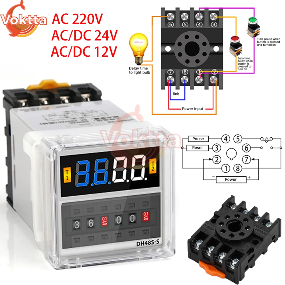 DH48S-S LED Display Time Relay Delay Controller Cycle Programmable Timer Switch Relay with Socket Base AC 220V DC 24V DC 12V