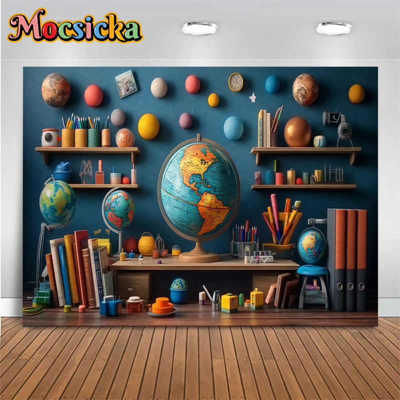 Mocsicka Photography Backdrop Birthday Globe Bookshelf School Decors Student Children Portrait Background Photo Studio Wallpaper