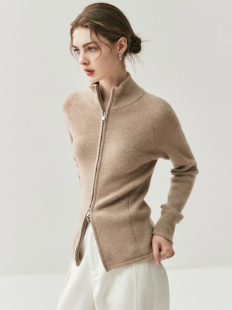 

Шикарная тонкая одежда, женский свитер из 100% кашемира, кардиган, осенне-зимний свитер с высоким воротом, двусторонняя молния, элегантное спортивное вязаное пальто