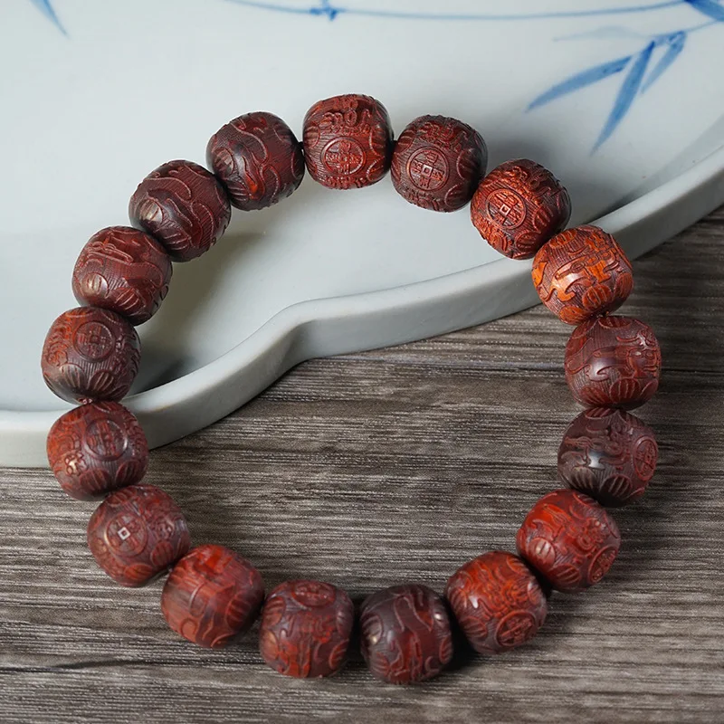 

Red Sandalwood Carved Bring Wealth & Treasure Bracelet Unisex Prayer Bead Collectible Jewelry Holiday Gift
