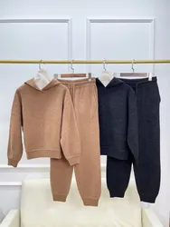 Women's Cashmere Wool Hooded Pullover Sweatshirt and Drawstring High Waist Sweatpants, Women's Clothing,2 Pcs Set