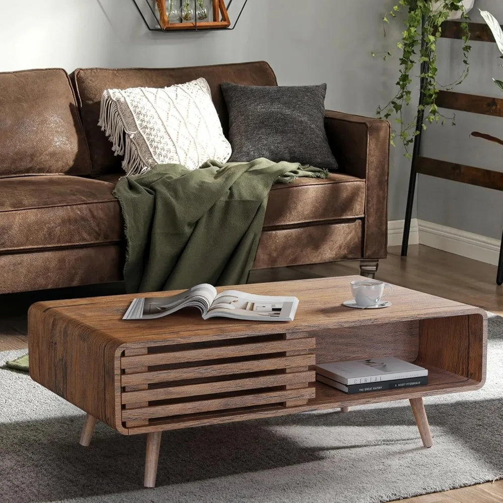 Farmhouse Style Coffee Table with Storage, Living Room Furniture, Easy Assembly, Suitable for Various Home Decors, Walnut Finish