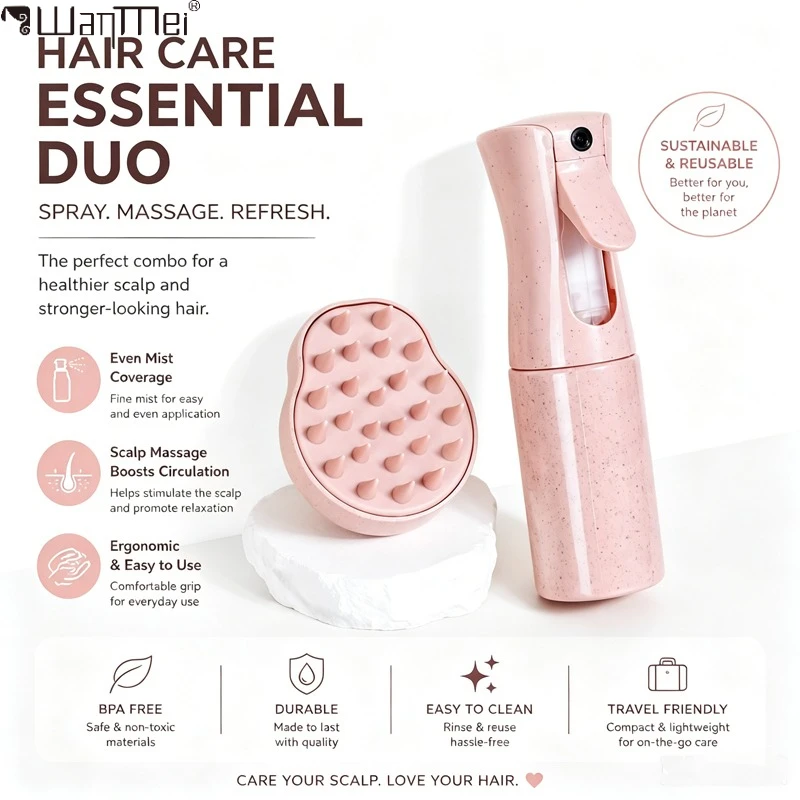 Hair Care Set Refillable Fine Mist Spray Bottle & Soft Silicone Scalp Massage Shampoo Brush Portable Travel Hair Scalp Care Kit
