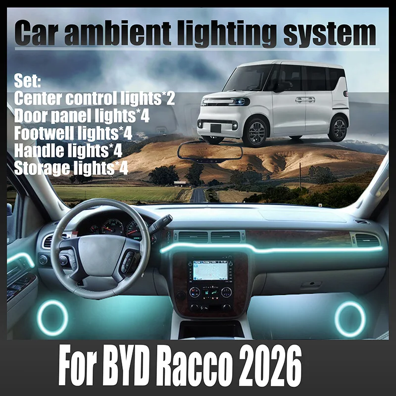 Lâmpadas LED Ambiente Coloridas para Carro BYD Racco 2026, Luzes de Atmosfera, Fita Neon para Interior Automotivo, Iluminação RGB 64