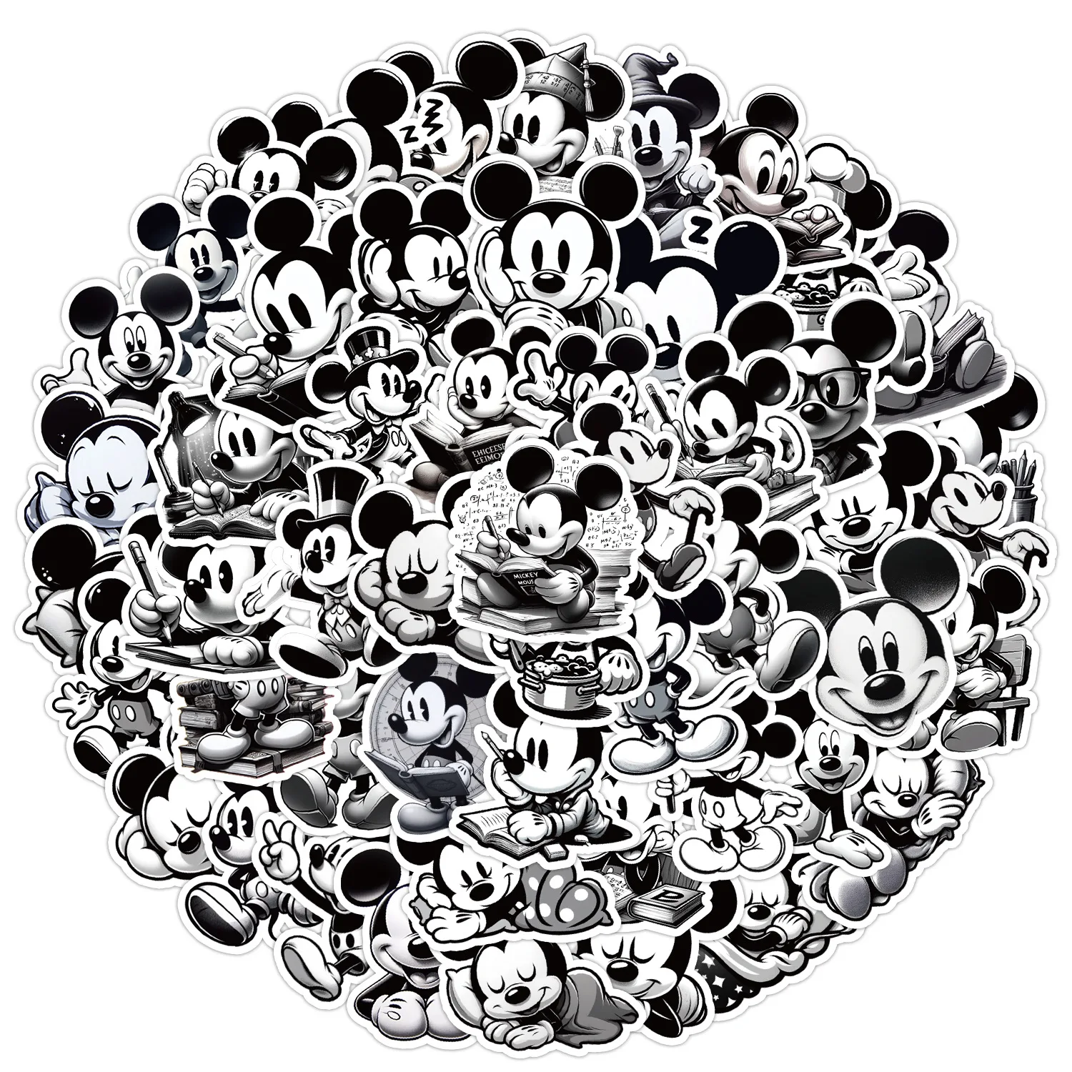 

10/30/50PCS Black White Disney Cartoon Mickey Mouse Sticker DIY Phone Laptop Luggage Skateboard Graffiti Decals Fun for Kid Gift