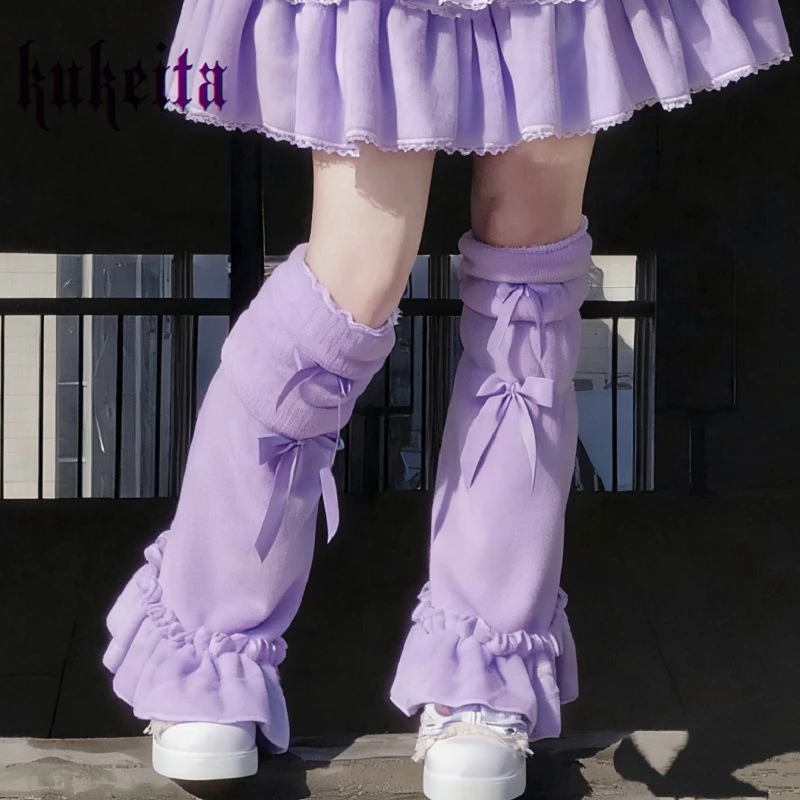

Женские плюшевые гетры Kukeita в стиле Харадзюку, панк, готика, лолита, кавайи, Y2K, с японским милым бантом и оборками, зимние теплые носки-чехлы для ног