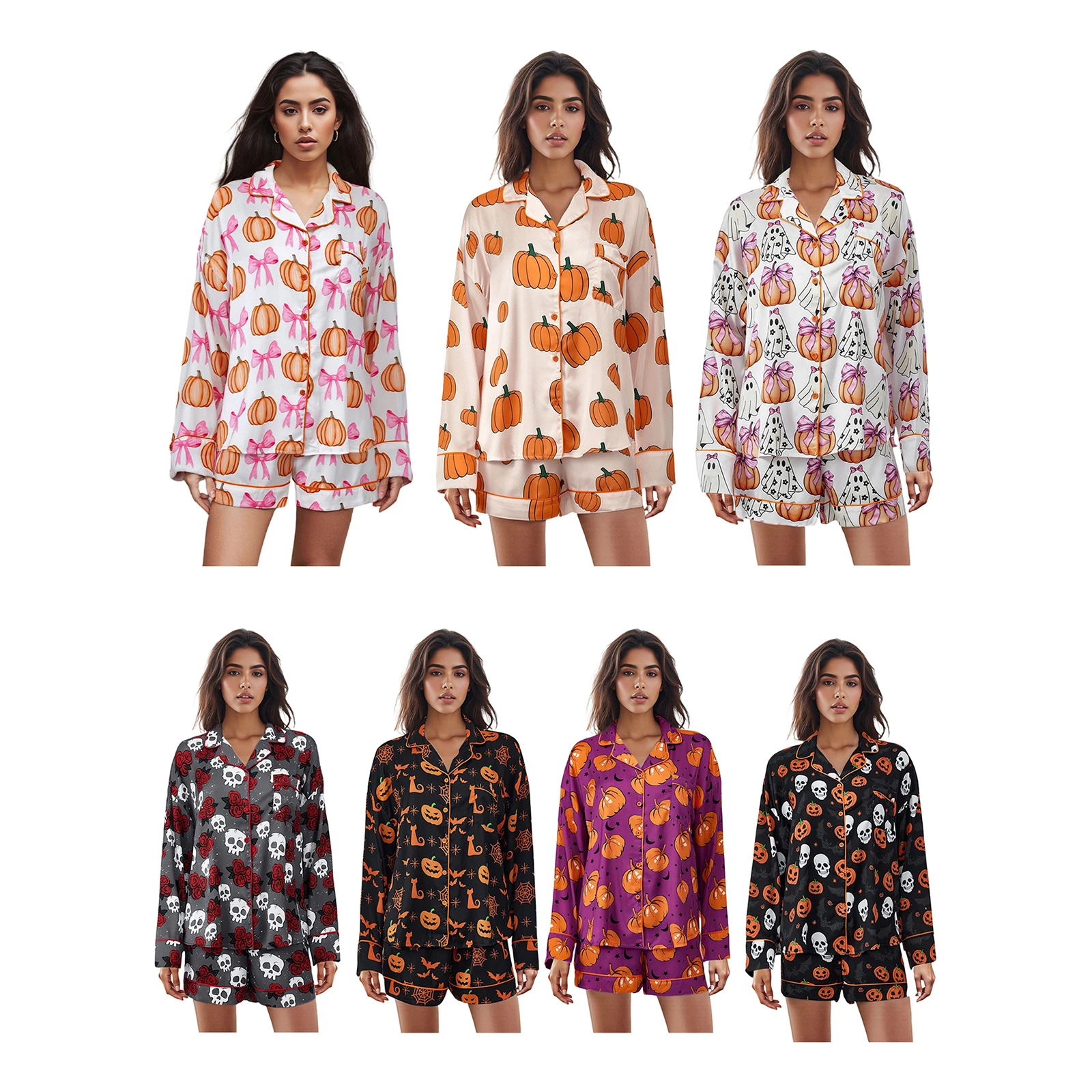 

HEZIOWYUN Womens Halloween Silk Pajama Set Pumpkin Bow Print Long Sleeve Button Down Shirt with Shorts Y2k Holiday Sleepwear
