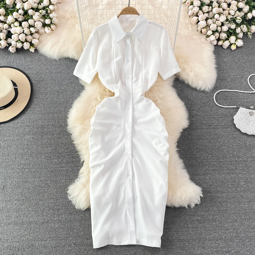 

High Waist Ladies Summer Short Sleeve Office Lady Vestidos De Mujer Maxi Club Casual Robe Evening Party Hollow Out Polo Dress