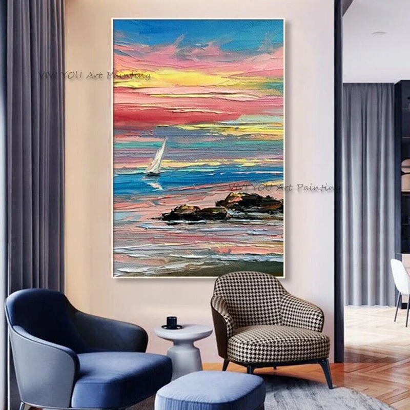 Handpainted Sunrise Impression Modern Oil Painting on Canvas Abstract Wall Art for Living Room Home Decor