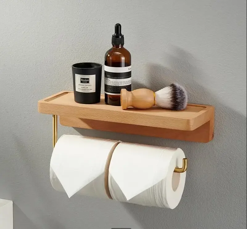 

Toilet Roll Holder Brass Wood Napkin Tissue Box Paper Holders Home Wall-mounted Storage Rack Towel