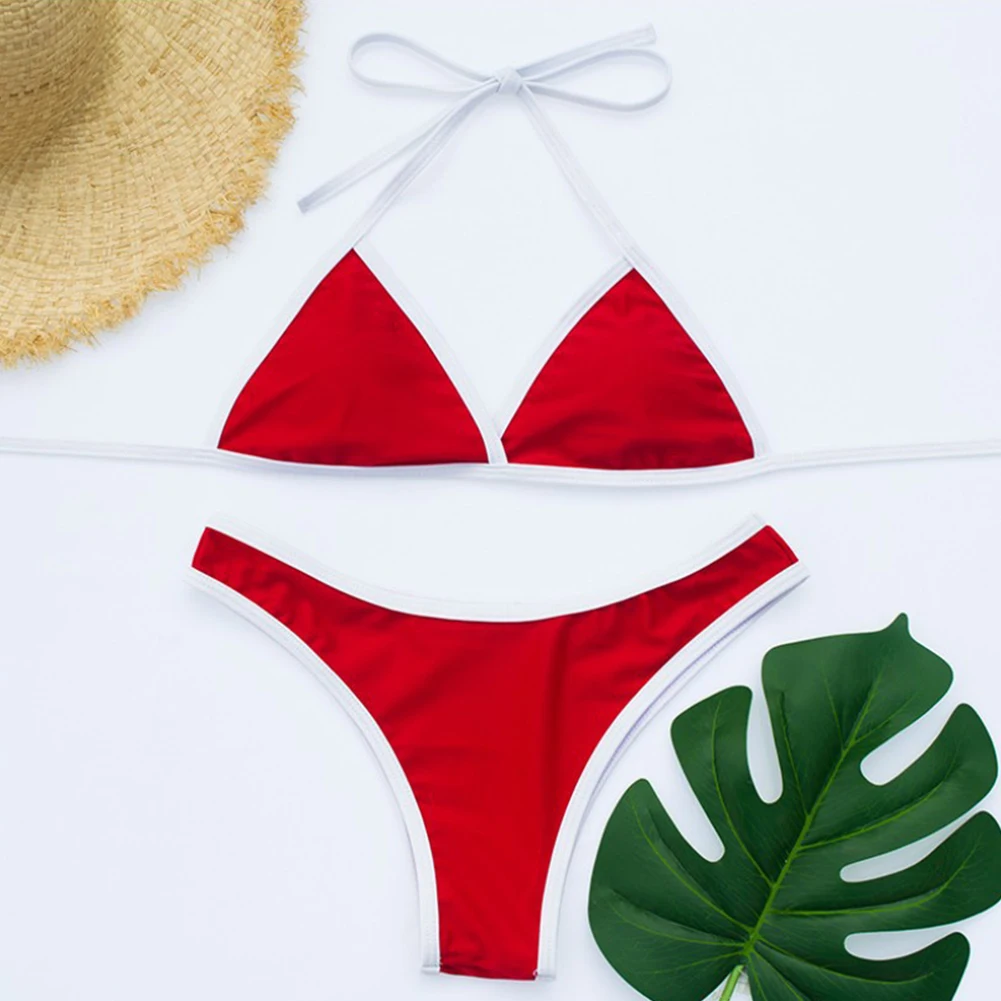 Womens Sexy Lingerie Split Bikini Solid Holiday Beach Monochrome Swimsuit Lace Up Bikini Sets Swimwear  Breathable Underwear