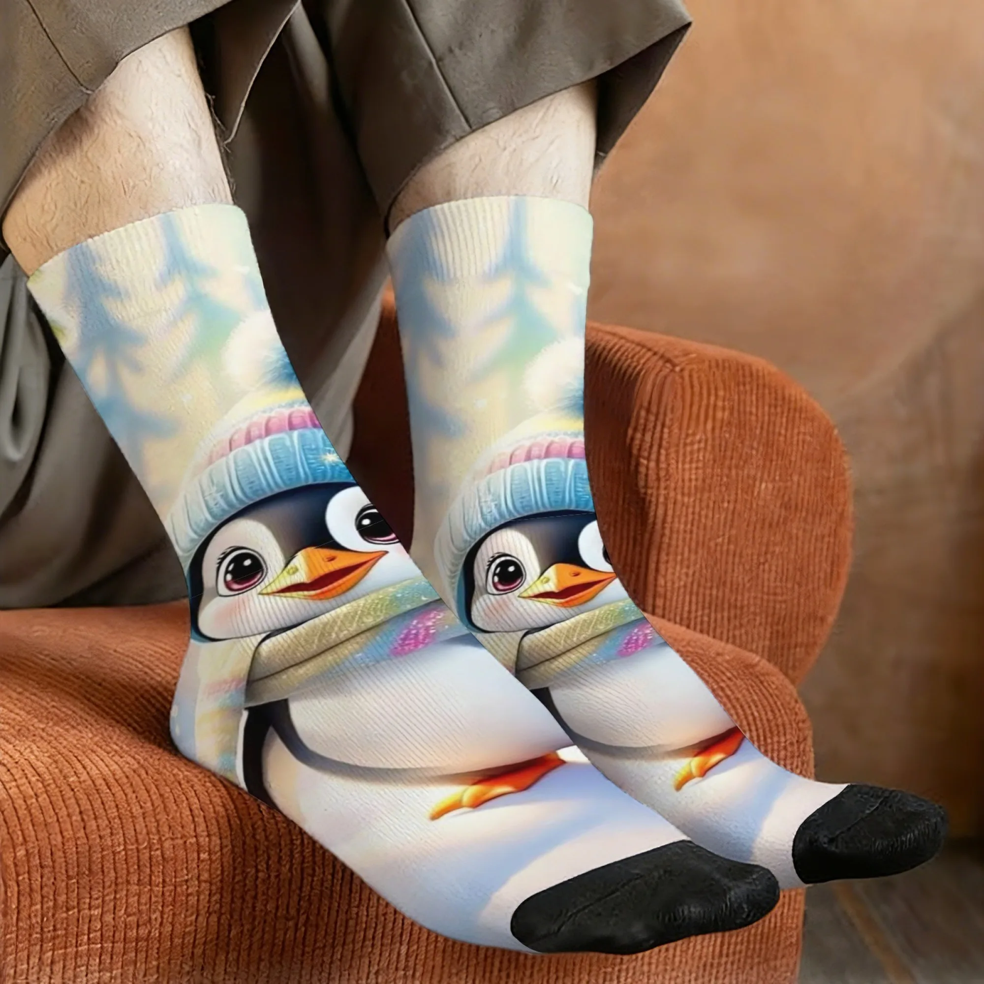 Unisex-Outdoor-Crew-Socken mit Pinguin-Aufdruck, mittellang, maschinenwaschbar, für Outdoor-Sportarten, bequem und atmungsaktiv