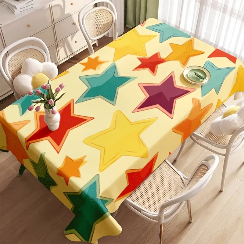 Bright Star Tablecloth, Warm Cream Base With Color Star Graphics, Rectangular Table Cover for Cheerful Family Party Decor