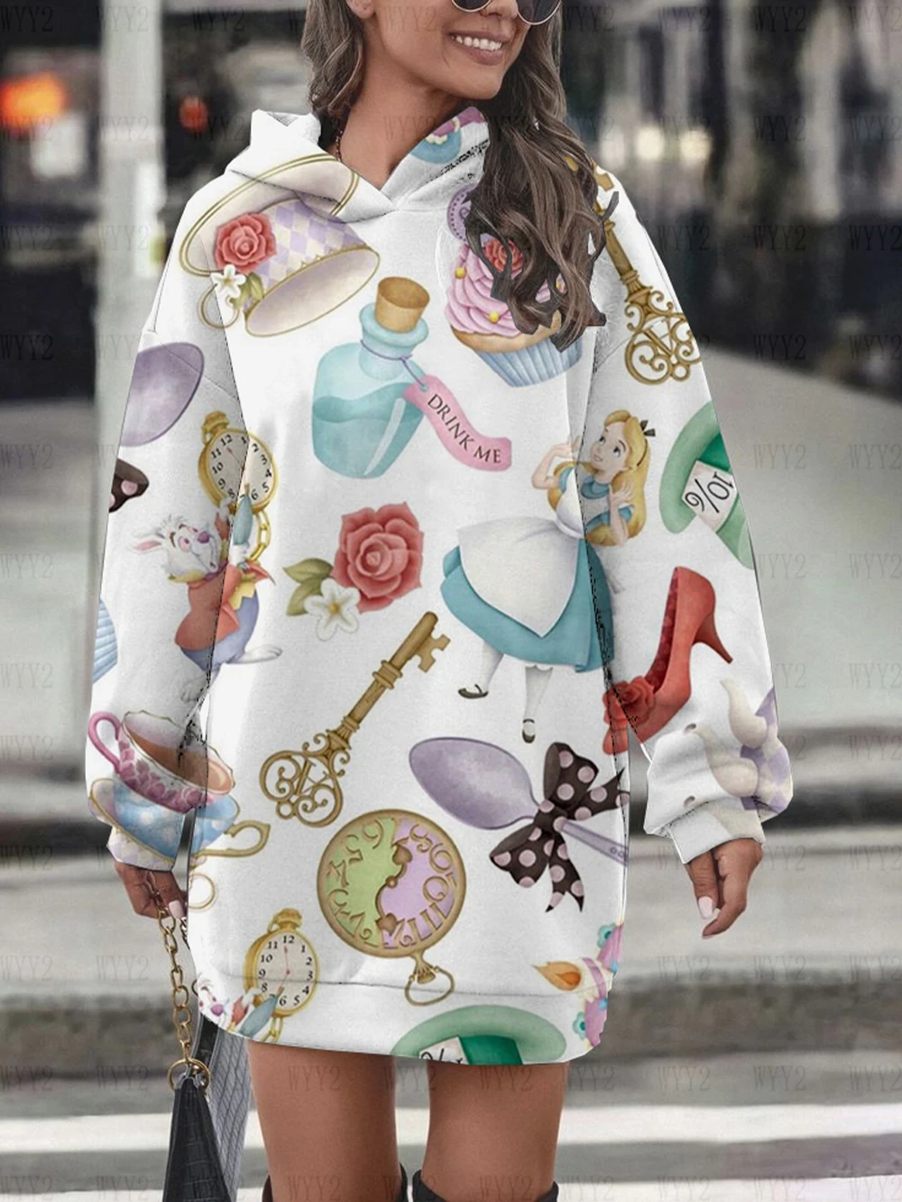 Vestido con capucha de princesa de Disney Alicia en el país de las Maravillas, sudadera, vestido de moda, sudadera, vestido con estampado completo, Sudadera con capucha para mujer