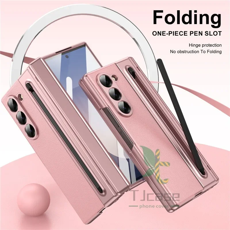Покрытие S Pen Slot Шарнир Полностью кожаный корпус Чехол Smasung Glaxy Z Fold 6 5 4 3 Fold3 Fold4 Fold5 Fold6 Flass Чехол из передней пленки