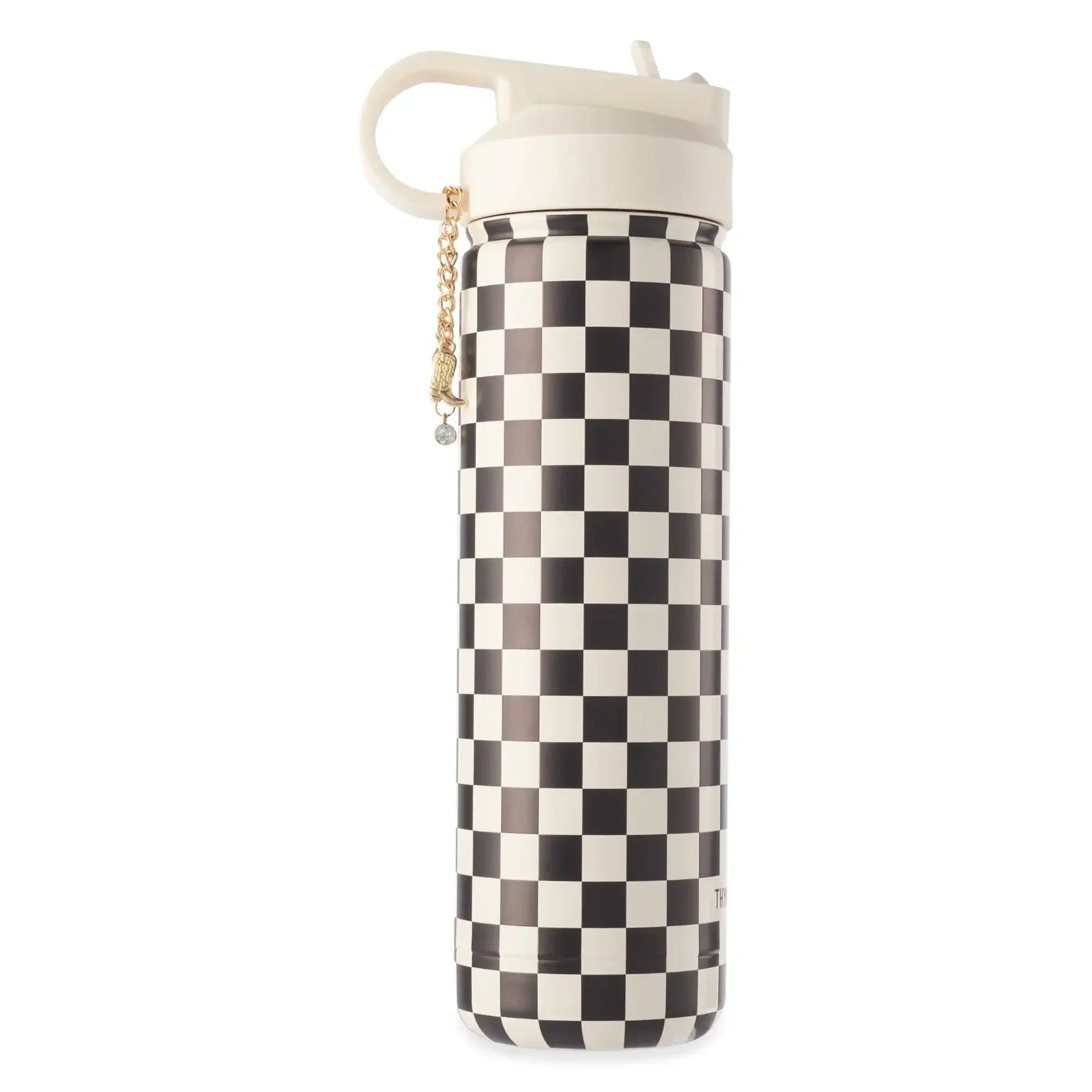 

26 oz Water Bottle with Straw Lid, Cream & Black Check with Cowgirl Gold Charm