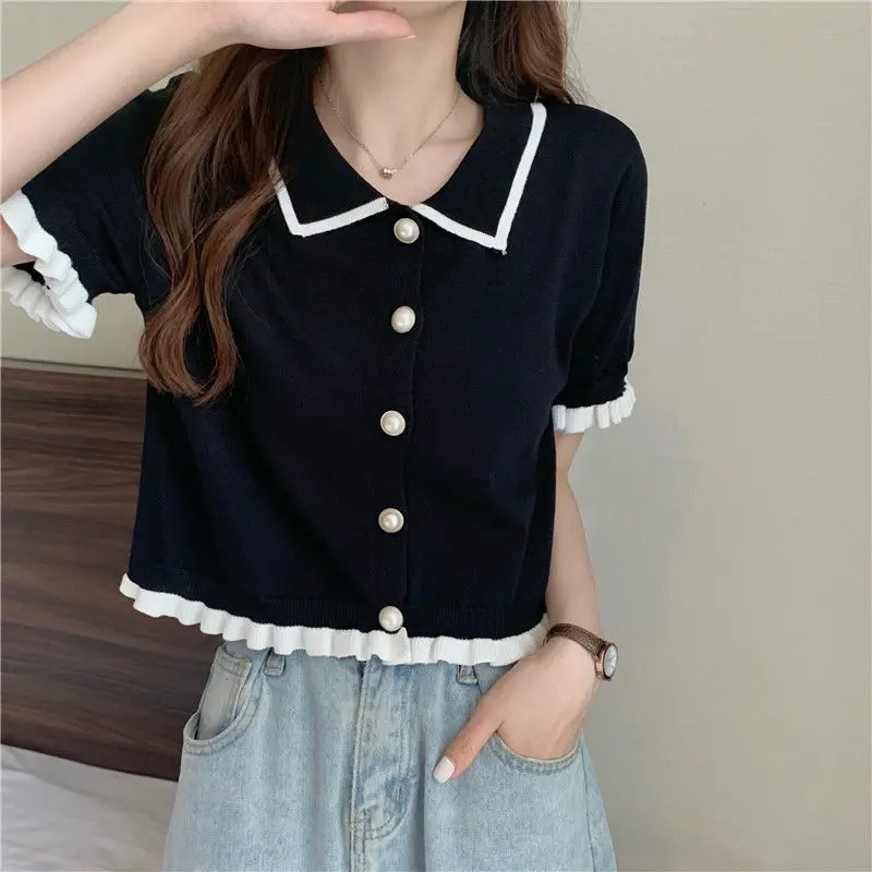 Women Knitting Button T-shirts Short Sleeve 2024 Summer Patchwork Tees Ladies Casual Loose Tops Female Vintage Polo Shirts