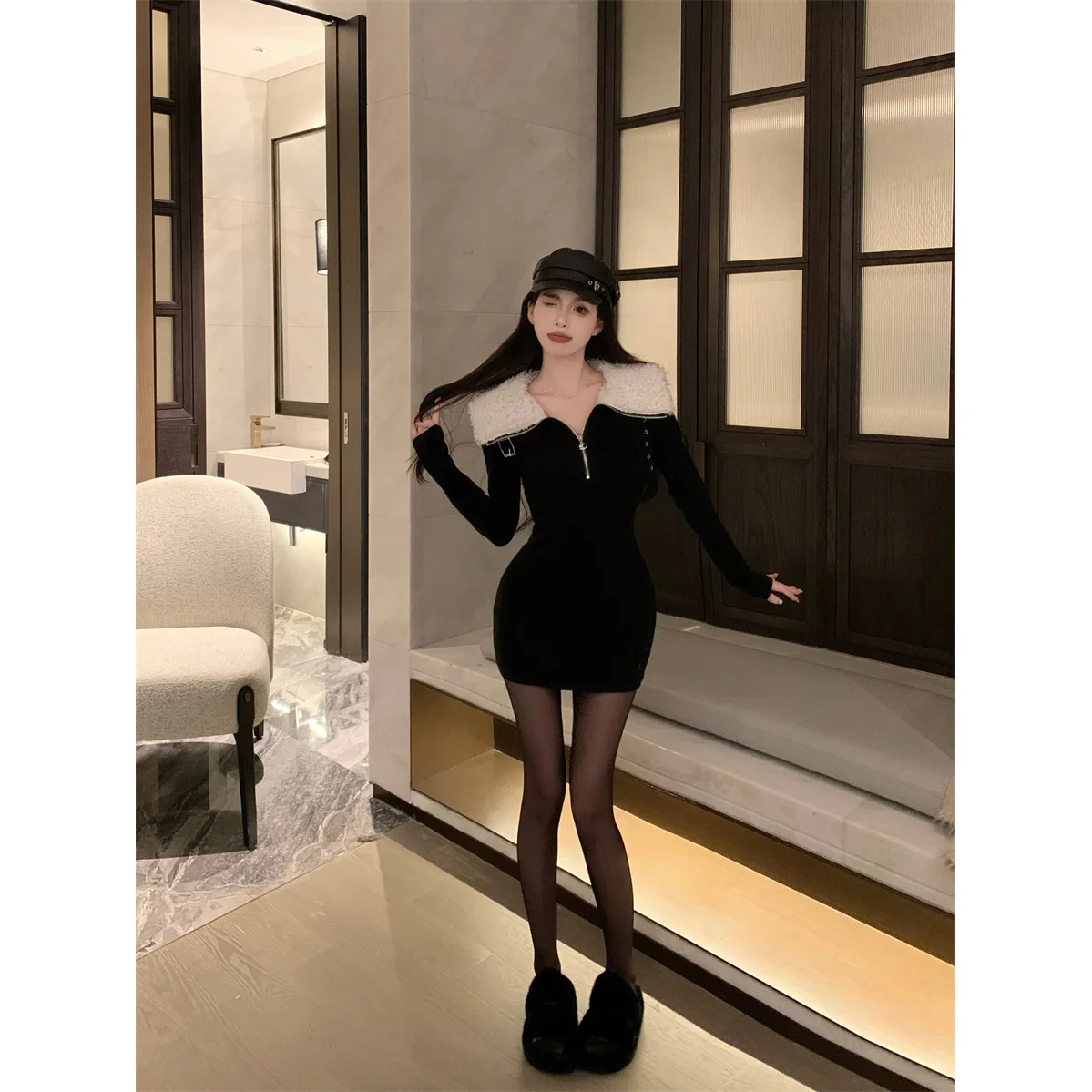 Hepburn Style Fur Collar Half Zip Dress with Feminine Temperament Black Dress Spicy Girl Waist Bag Hip Skirt