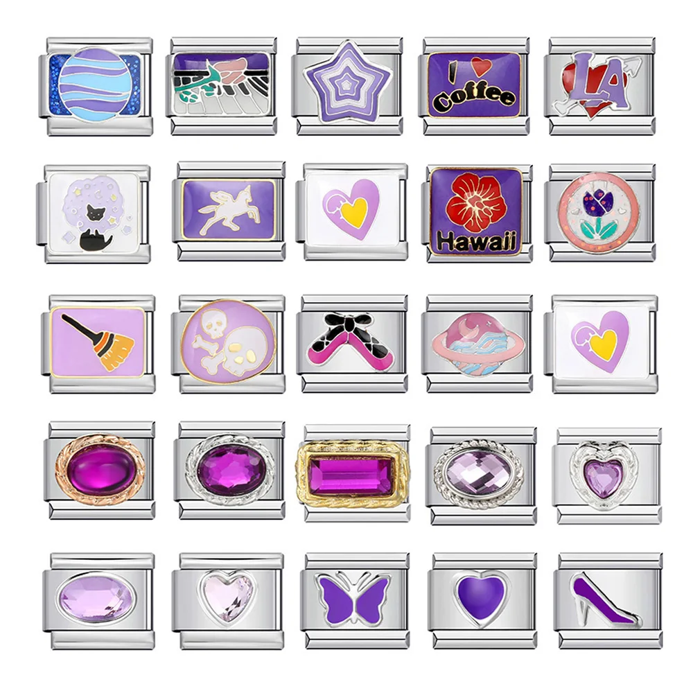 

Fashion Purple Heart Butterfly Cat Star Italian Charms Link Fit 9mm Bracelets Stainless Steel For Woman Gift DIY Making Jewelry