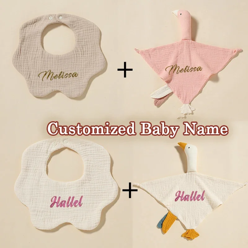 2Pcs/Set Personalized Towel Child Cuddle Cloth Baby Name Custom Baby Bib Security Blanket Cotton Muslin Newbron Infant Gift